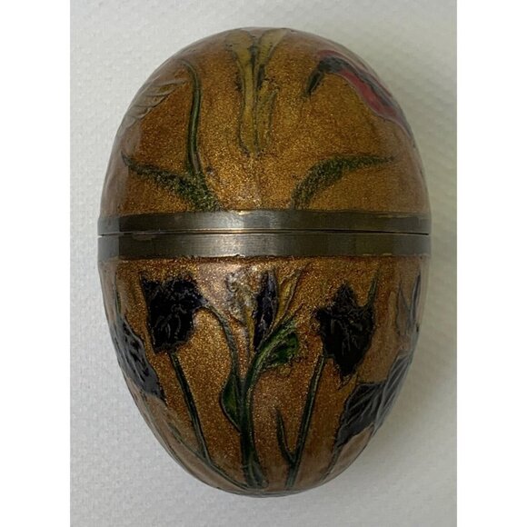 Vintage Brass Enamel Egg Cloisonne Trinket Box With Stand Hummingbird Flowers - Picture 14 of 16